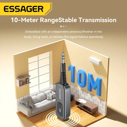 Essager bluetooth audio receiver transmitter with black silver body and antenna for stable 10-meter earphones tv car use