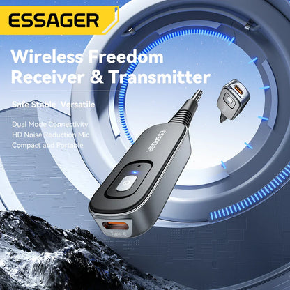 Essager 2-in-1 bluetooth audio receiver transmitter with sleek silver metal body, black accents, and type-c port for earphones tv car