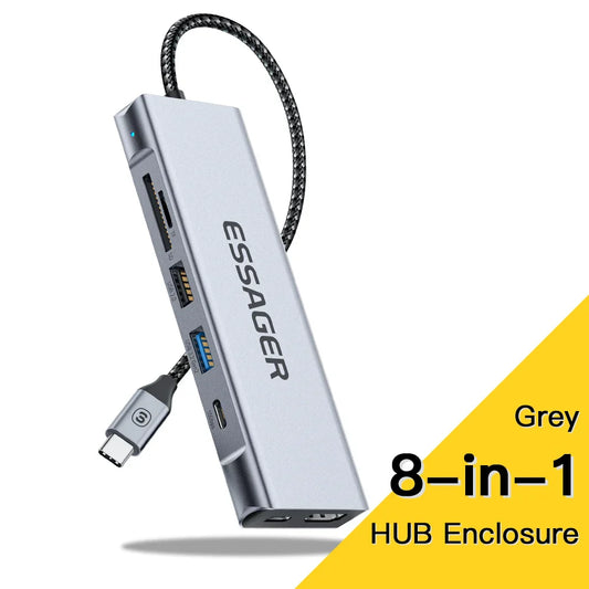 Silver essager 8-in-1 usb-c laptop dock station with storage function usb and braided cable for macbook pro air