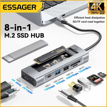 Silver metallic essager 8-in-1 usb hub laptop dock station with storage function usb for macbook pro air