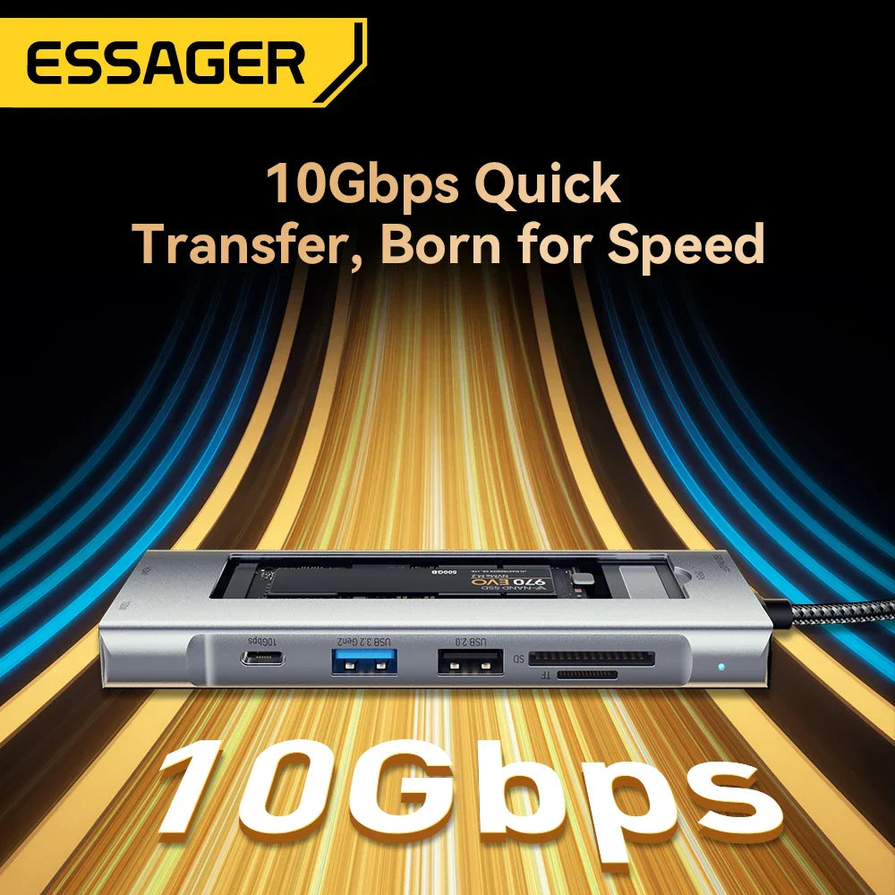 Silver essager 8-in-1 usb-c laptop dock station with storage function usb and 10gbps transfer for macbook pro air