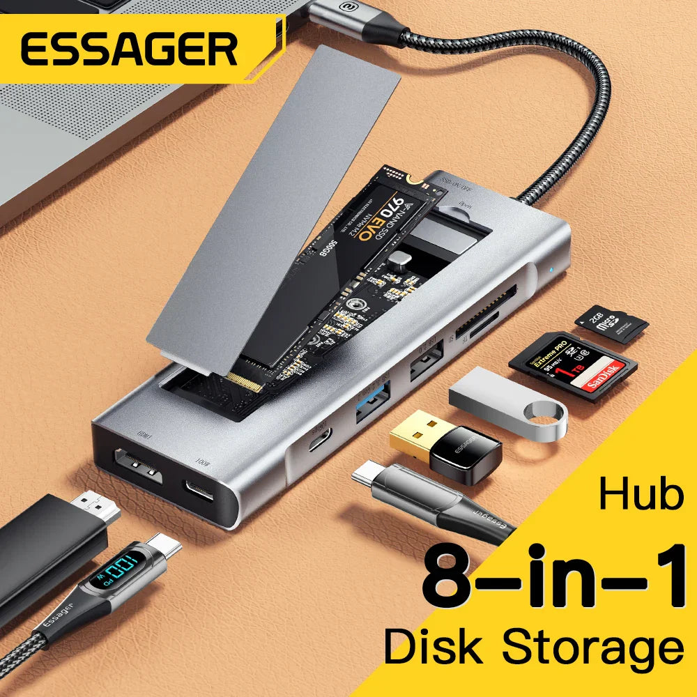 Silver essager 8-in-1 usb-c laptop dock station with storage function usb and ssd slot for macbook pro air