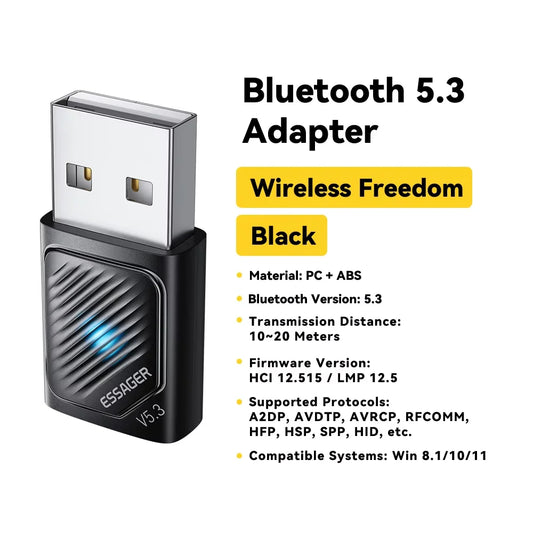 Black Essager Bluetooth 5.4 USB adapter with sleek ribbed design and silver connector as dongle adaptador wireless receiver USB transmitter
