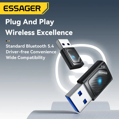 Black Essager USB Bluetooth 5.4 adapter with textured grip and blue led indicator light for dongle adaptador wireless use