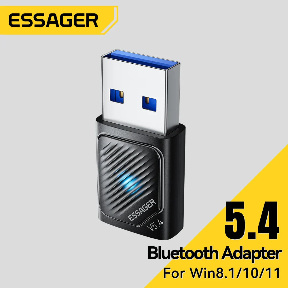 Essager bluetooth adapter dongle adaptador wireless in black with silver usb connector and blue lighting for music audio receiver