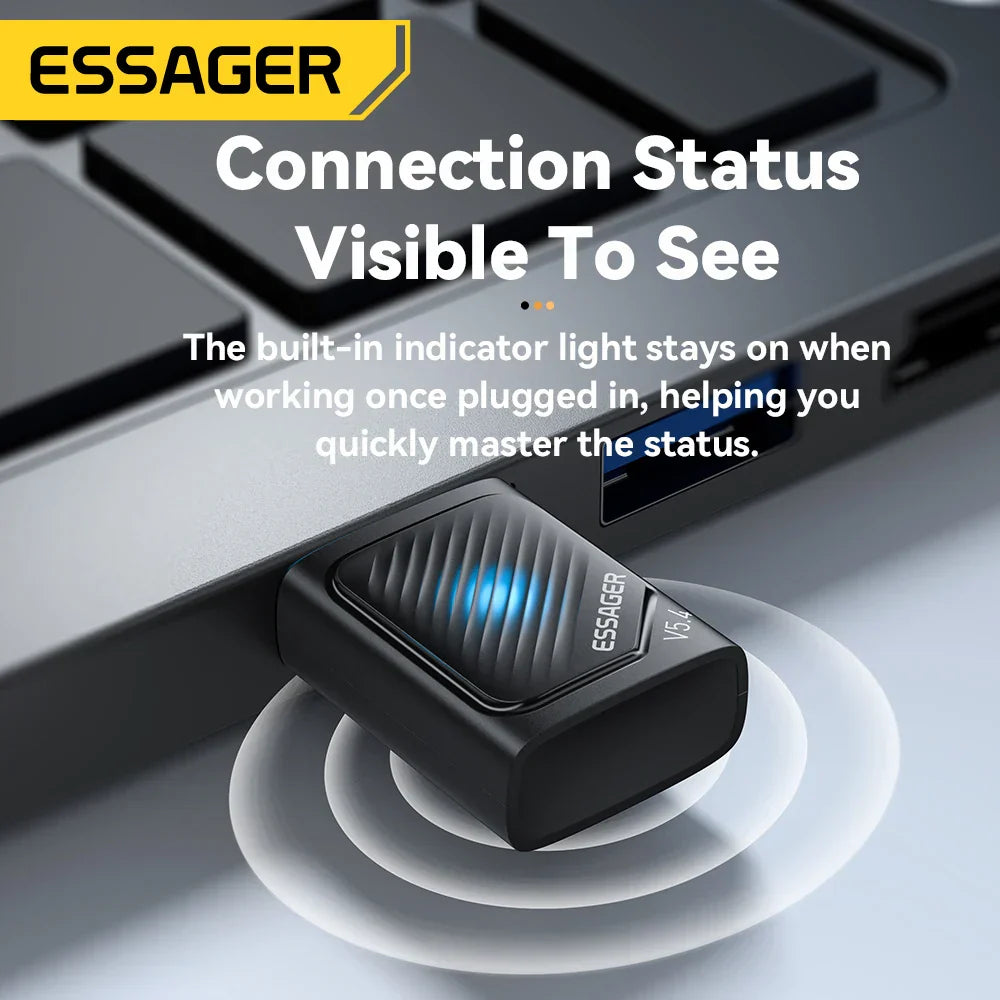 Black essager bluetooth adapter usb bluetooth 5.4 dongle adaptador wireless with blue light for music audio receiver and transmitter