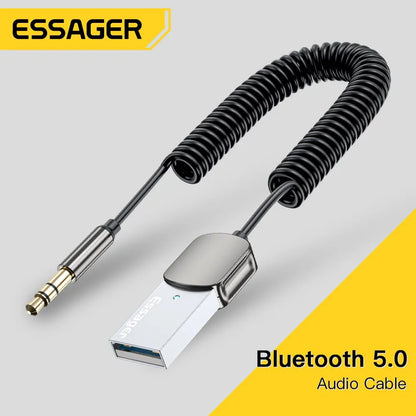Essager bluetooth audio receiver dongle with silver usb connector and black coiled cord handsfree kit for car use
