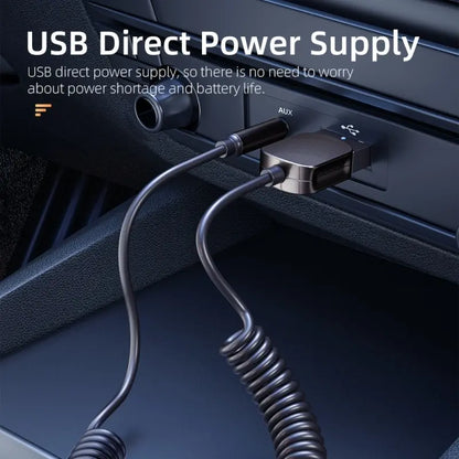 Black coiled usb direct power supply adapter with metallic connector plugged into car socket for essager bluetooth audio handsfree kit receiver bt transmit