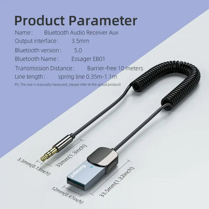 Silver and black essager bluetooth audio receiver aux with coiled cable handsfree kit for car receiver bt transmit