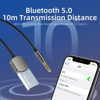 Silver Essager Bluetooth audio receiver dongle with metallic finish and gold-plated jack for handsfree kit and receiver BT transmit