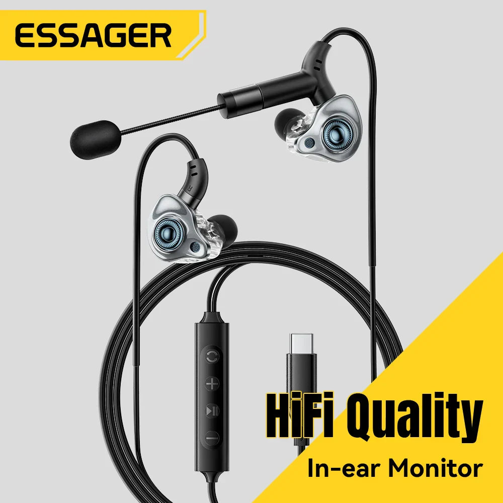 Black and silver essager type-c karaoke earphones with built-in sound card wired earbud headset with mic for singing live game