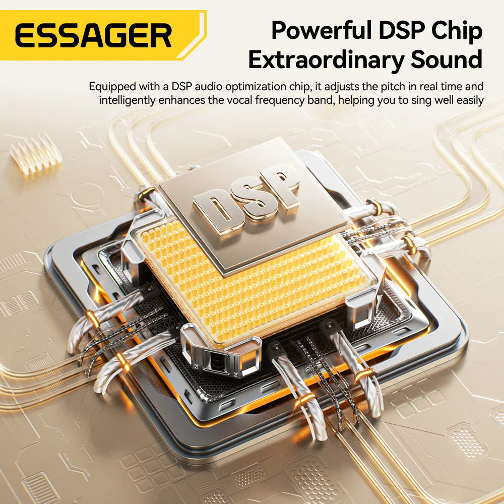 Essager karaoke earphones feature a metallic gold and silver dsp audio optimization chip for singing live game wired earbud headset