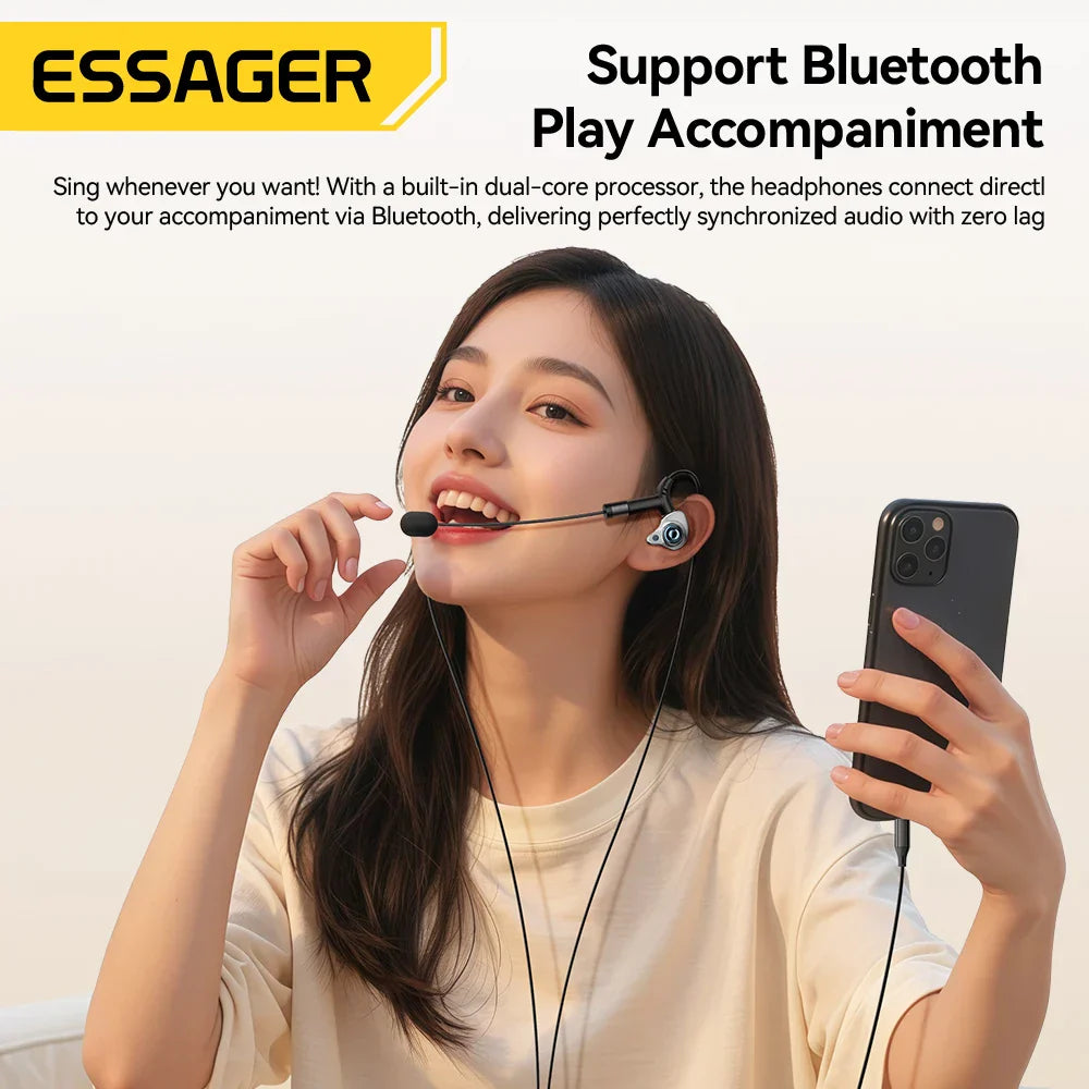 Essager black and silver karaoke earphones with integrated mic wired earbud headset for singing live game use