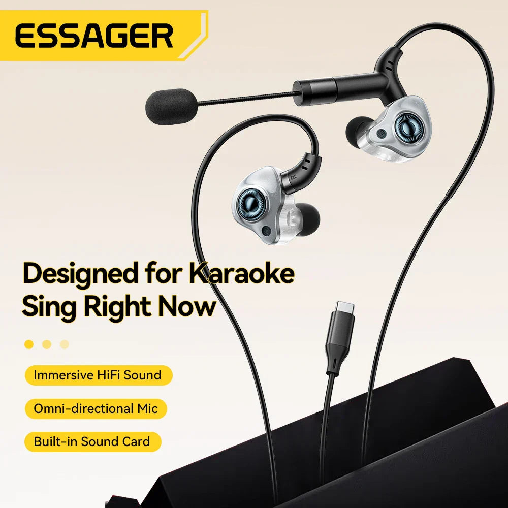 Essager silver and black karaoke earphones with omnidirectional mic and built-in sound card for singing live game wired earbud headset