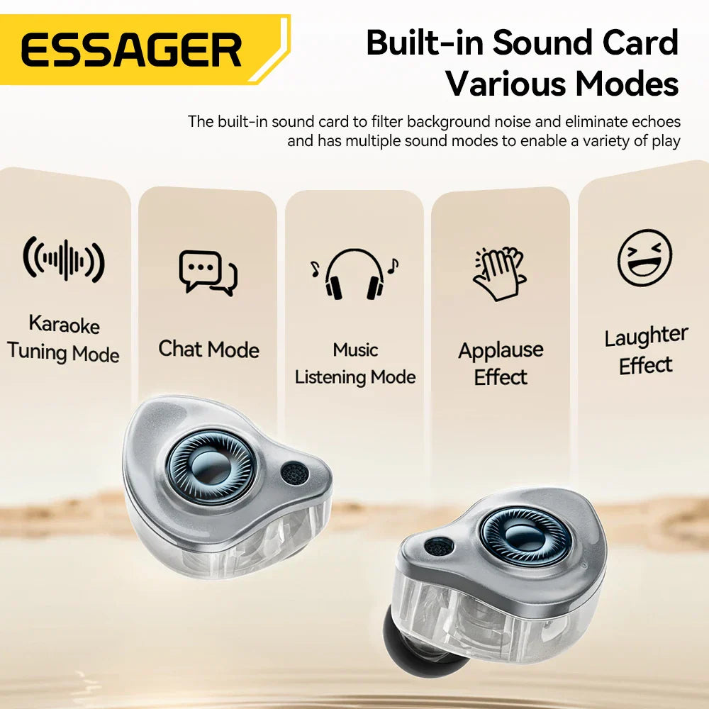 Silver and transparent essager type-c karaoke earphones with built-in sound card wired earbud headset for singing live game