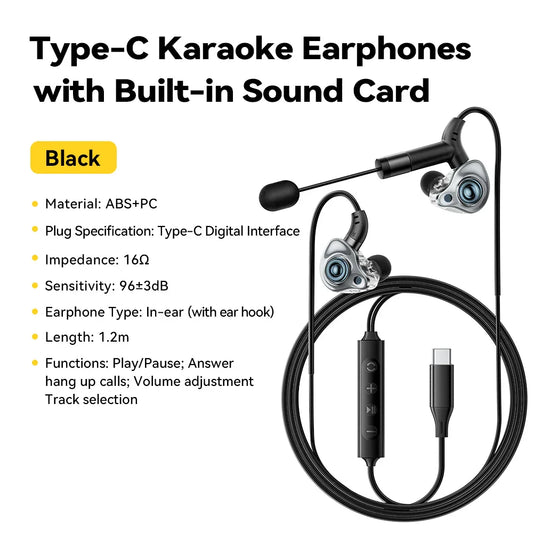 Black essager type-c karaoke earphones with silver driver housings built-in sound card wired earbud headset for singing live game