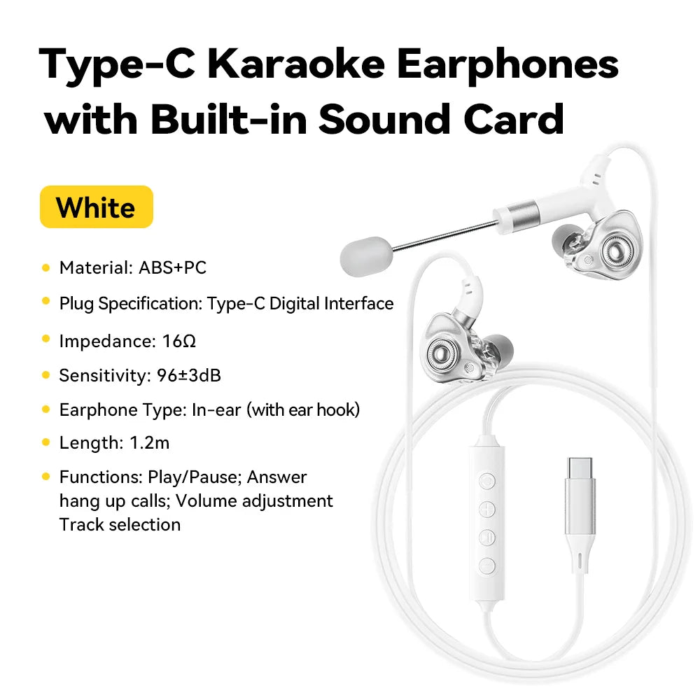 White essager type-c karaoke earphones with built-in sound card abs pc wired earbud headset for singing live game