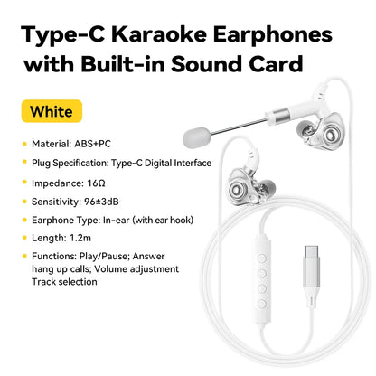 White essager type-c karaoke earphones with built-in sound card abs pc wired earbud headset for singing live game