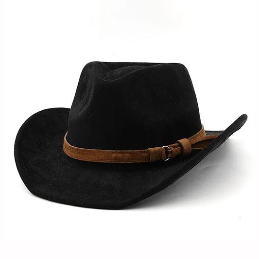 Black felt western cowboy hat with brown imitation leather velvet band and buckle roll up edge fedora hat for autumn and winter