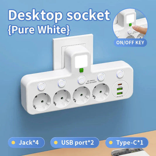 Pure white eu plug and socket with four sockets multi plug, two usb ports, type-c port, and high conductivity phosphor