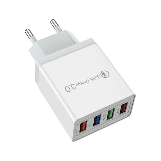 White rectangular portable wall charger with four colored usb ports and european plug fast charger for phone adapter tablet