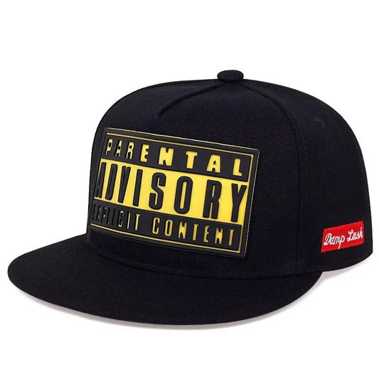 Black snapback cap with bold yellow parental advisory patch and red damp lash tag american cross-border hot letter printing baseball hat women flat brim