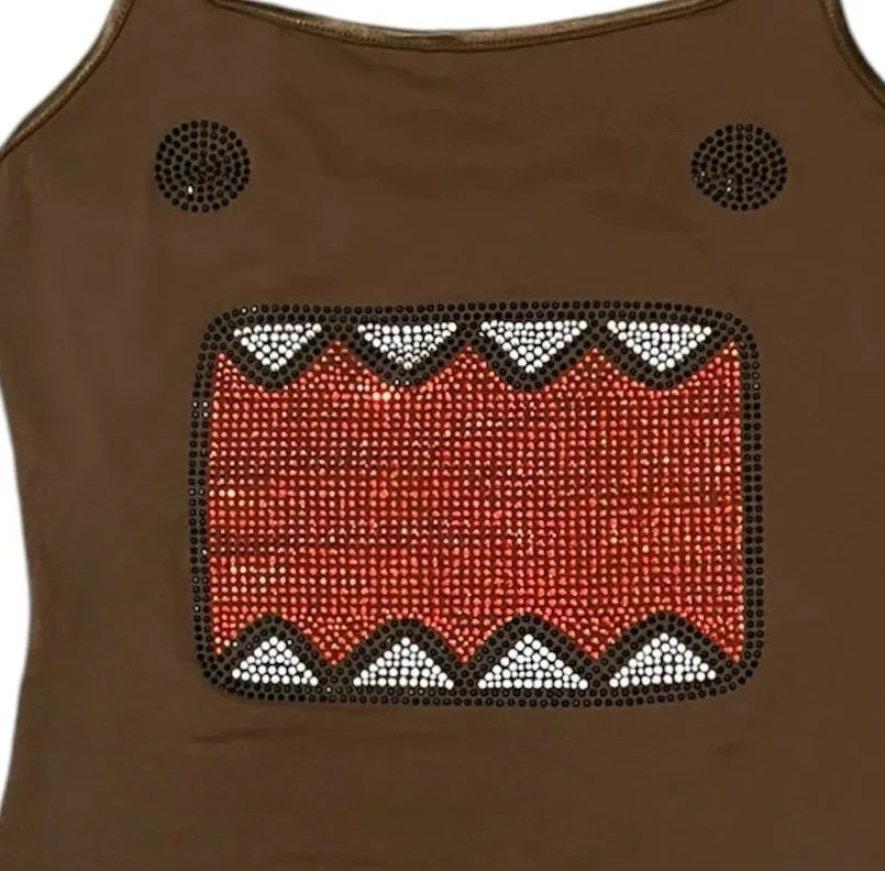 Brown slim fit tank top with sparkling rhinestone appliqué of domo face hot diamond suspender design sexy style