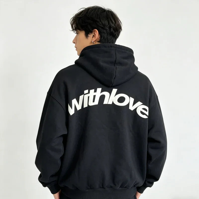 Black cotton hoodie with bold white with love lettering on back in american street style hip hop autumn sweatshirt