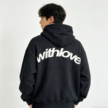 Black cotton hoodie with bold white with love lettering on back in american street style hip hop autumn sweatshirt