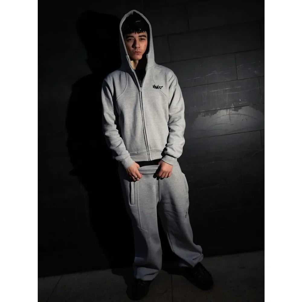 Gray hooded zip-up sweatshirt with small black logo on chest, European and American street style, loose and fashionable fit