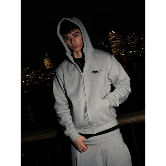Gray zip-up hoodie with black embroidered logo on left chest designed for european and american hip-hop style fashion
