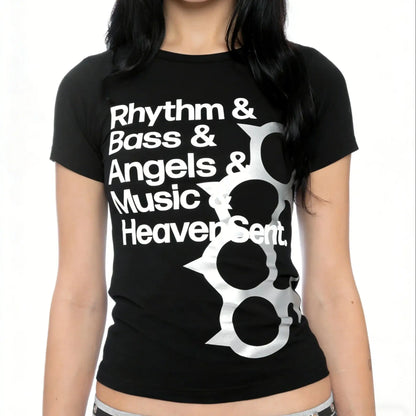 Black short-sleeved t-shirt with bold white rhythm and bass graphic and silver knuckle-duster design for american summer street personality print pattern slimming versatile style