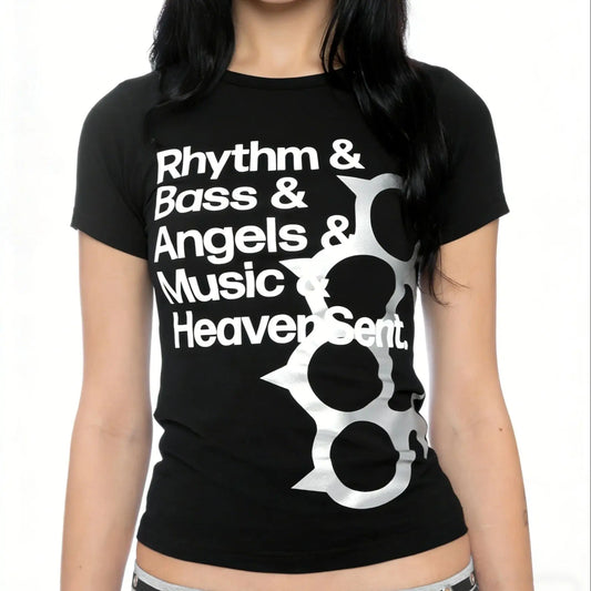 Black short-sleeved t-shirt with bold white rhythm and bass graphic and silver knuckle-duster design for american summer street personality print pattern slimming versatile style