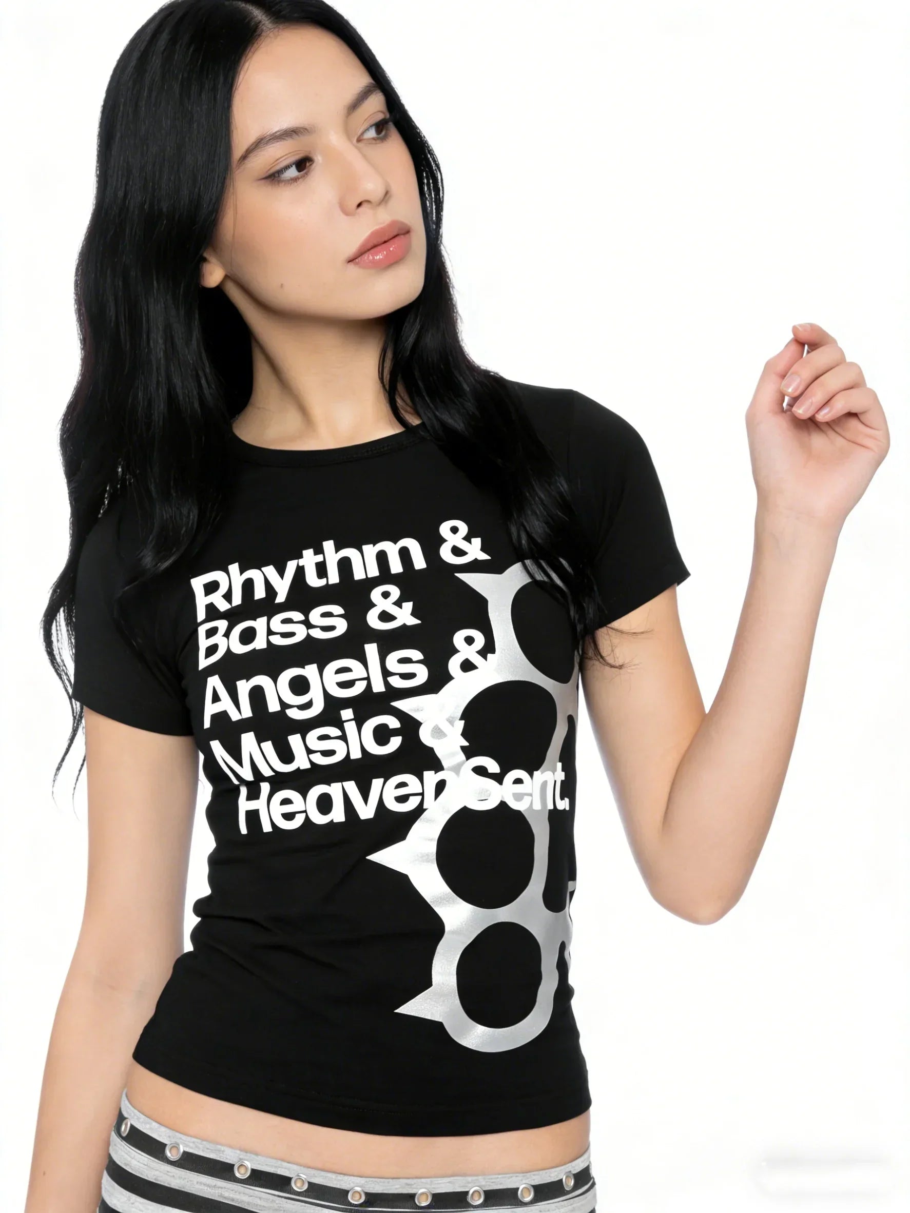 Black short-sleeved t-shirt with white text and silver knuckle-duster graphic featuring street personality print pattern slimming versatile design for american summer