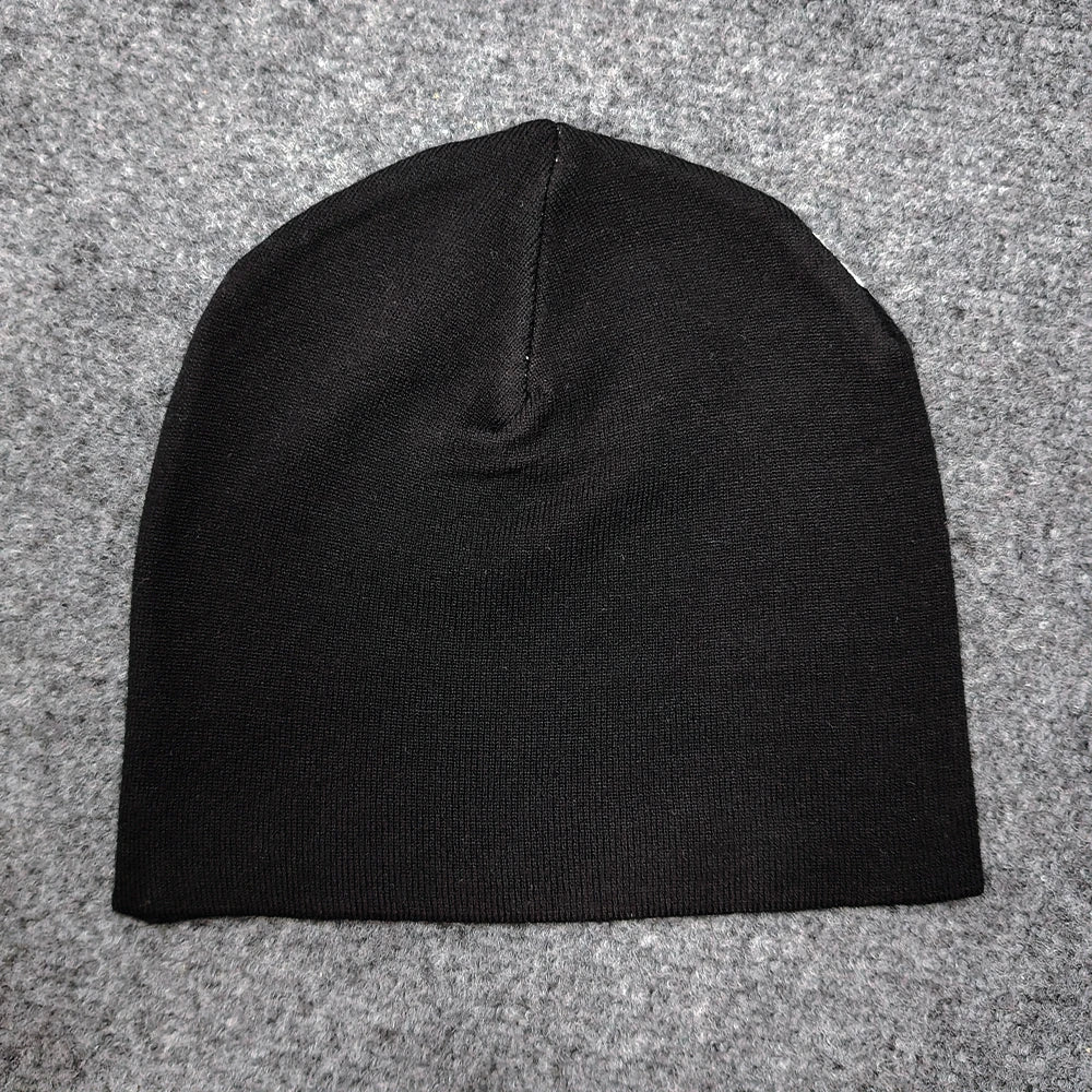 Black knit beanie with a seamless design, featuring embroidered lettering, trendy and versatile for hip-hop casual wear
