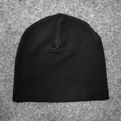 Black knit beanie with a seamless design, featuring embroidered lettering, trendy and versatile for hip-hop casual wear