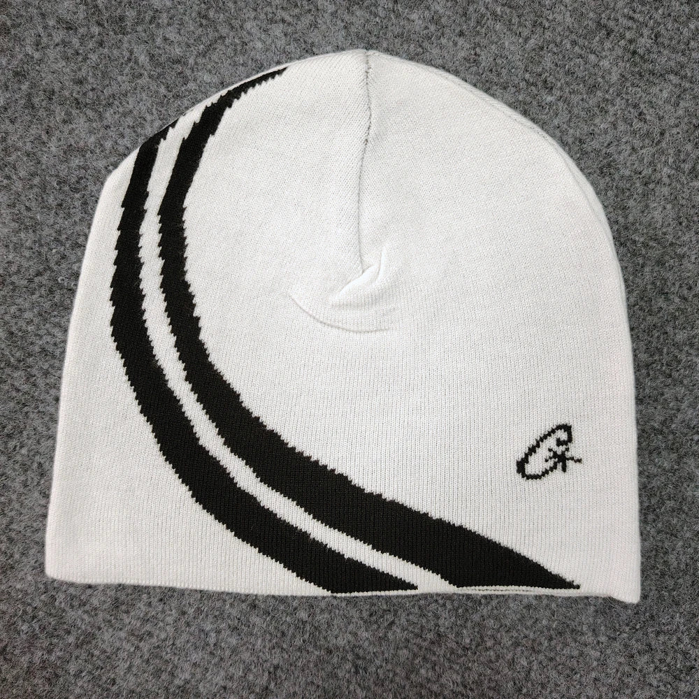 White knit beanie with bold black curved stripes and embroidered logo, a trendy european and american hip-hop pullover hat
