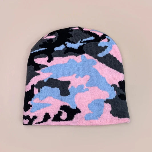 A european camouflage knitted beanie with vibrant pink light blue and black pattern warm hip hop outdoor retro beanies