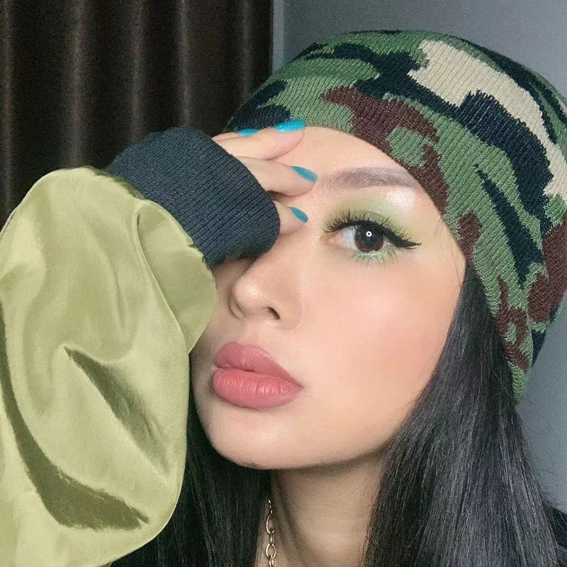 European camouflage knitted beanie in green brown and beige tones warm hip hop outdoor retro beanies for autumn winter
