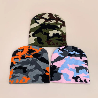 Three european camouflage knitted warm hip hop beanies in green black orange gray and pink blue for outdoor retro use