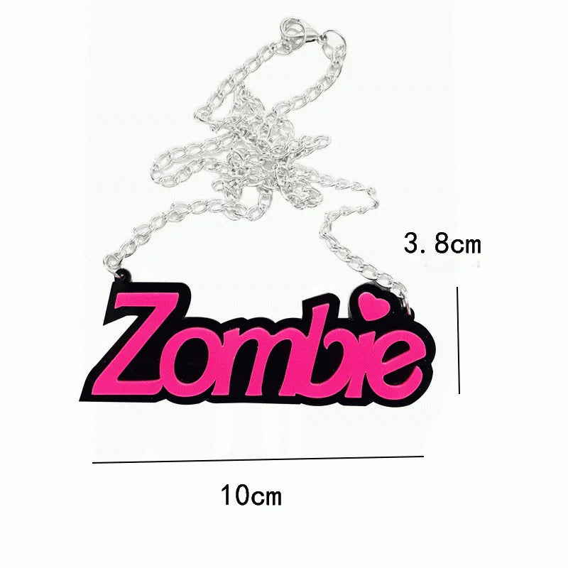 A vibrant pink and black acrylic letter halloween zombie pendant necklace with silver chain for necklace street trend