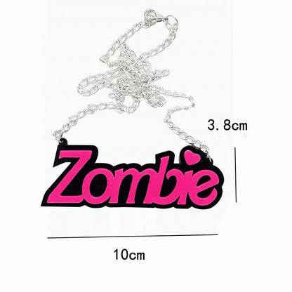 A vibrant pink and black acrylic letter halloween zombie pendant necklace with silver chain for necklace street trend