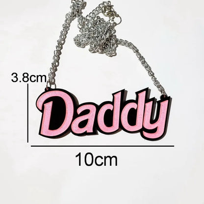 Pink glittery daddy pendant necklace with black outline and silver chain for black letter halloween street trend