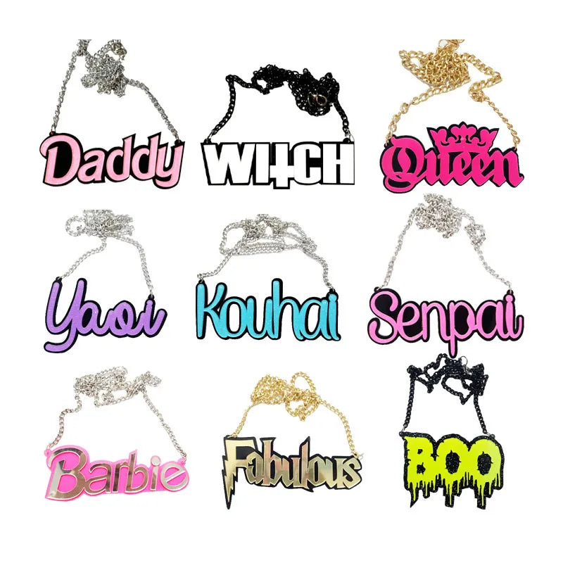 Colorful acrylic necklace street trend featuring bold black letter halloween style halloween zombie and witch lettering