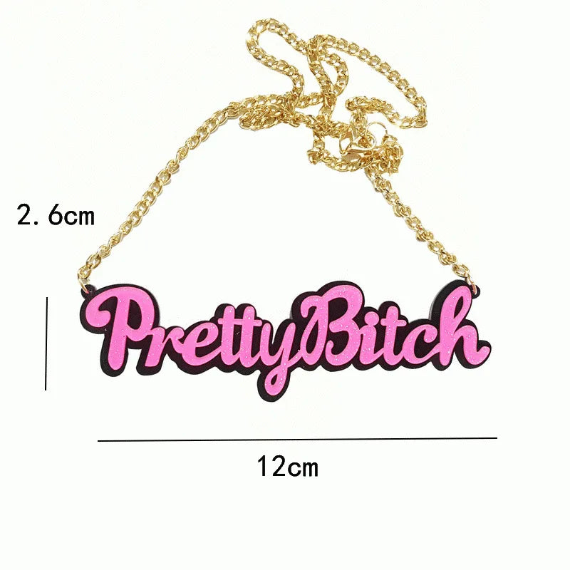 European dark black letter halloween pink and black prettybitch acrylic necklace with gold chain for necklace street trend
