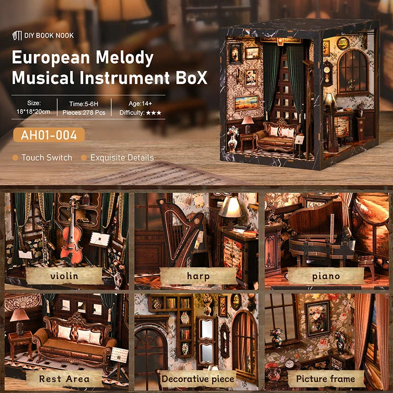 European melody musical instrument box diy wooden miniature dollhouse with ornate interiors and vintage instruments puzzle bookend model