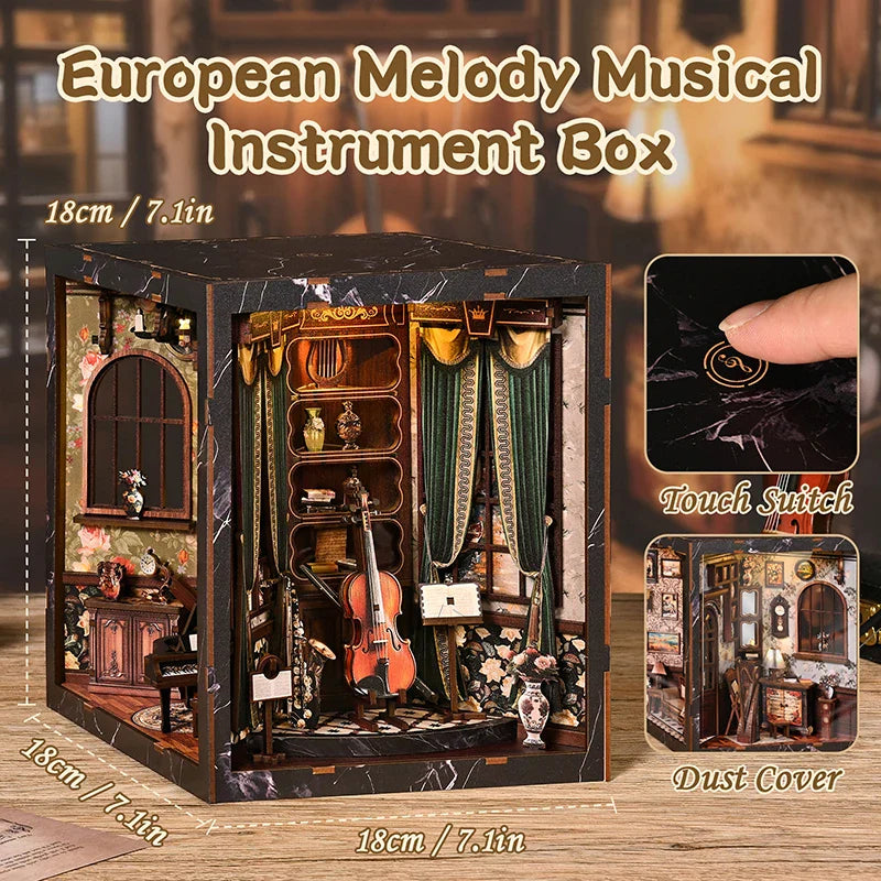 European melody musical instrument box diy puzzle bookend model with black marble exterior and detailed miniature interior