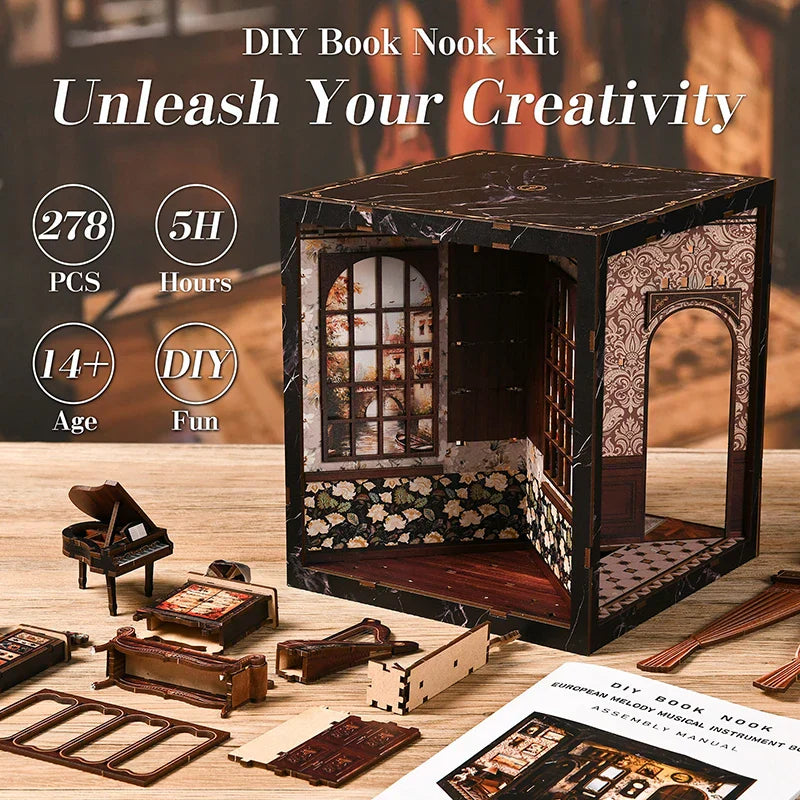 Black marble-finish european melody musical instrument box diy puzzle bookend model with floral arched window and miniature furniture