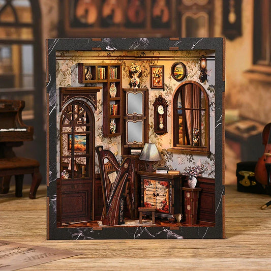 A detailed european melody musical instrument box diy miniature wooden puzzle bookend model with floral wallpaper and marble frame