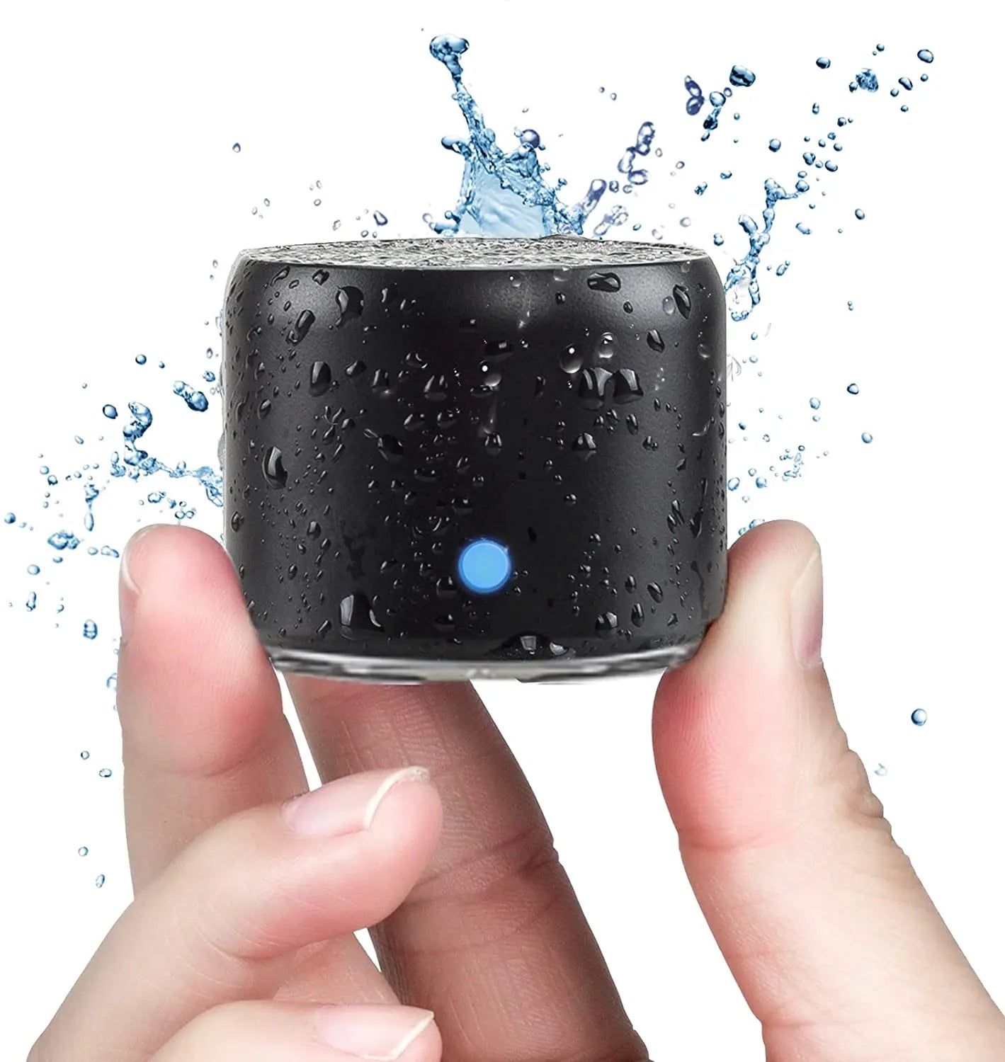 Black ewa a106pro mini bluetooth speaker with blue power light, ipx7 waterproof with water droplets and extended play time